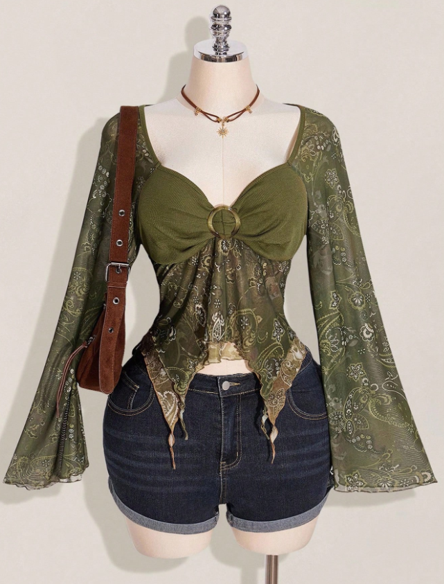 Olive Lace Flare Sleeve Corset Top