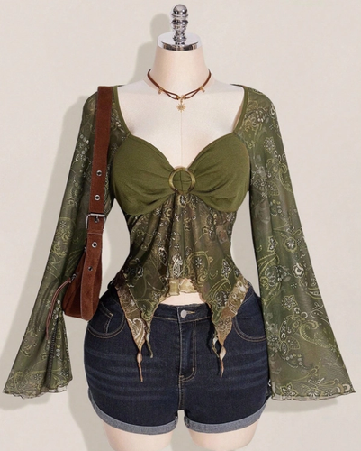 Olive Lace Flare Sleeve Corset Top