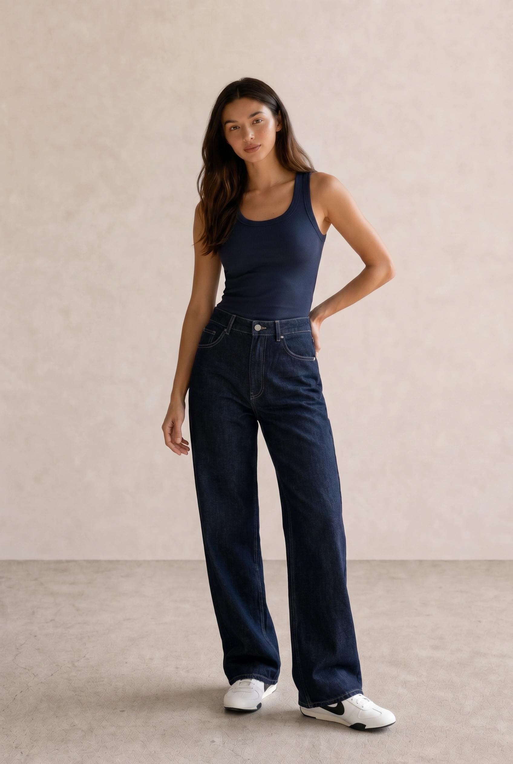Navy Ribbed Tank & Dark Indigo Wide-Leg Jeans