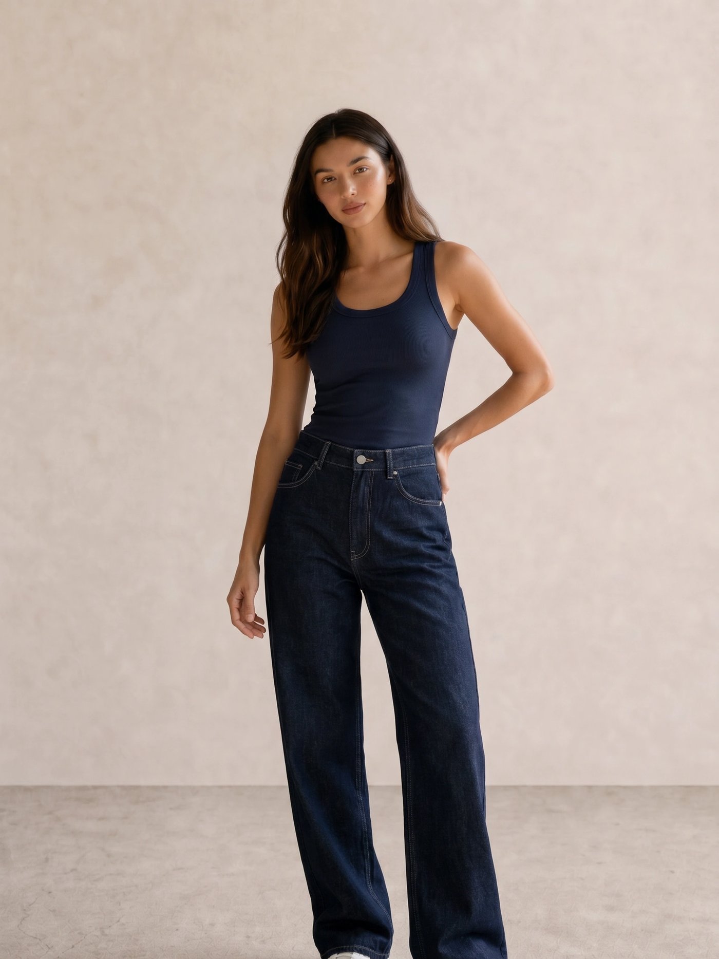 Navy Ribbed Tank & Dark Indigo Wide-Leg Jeans