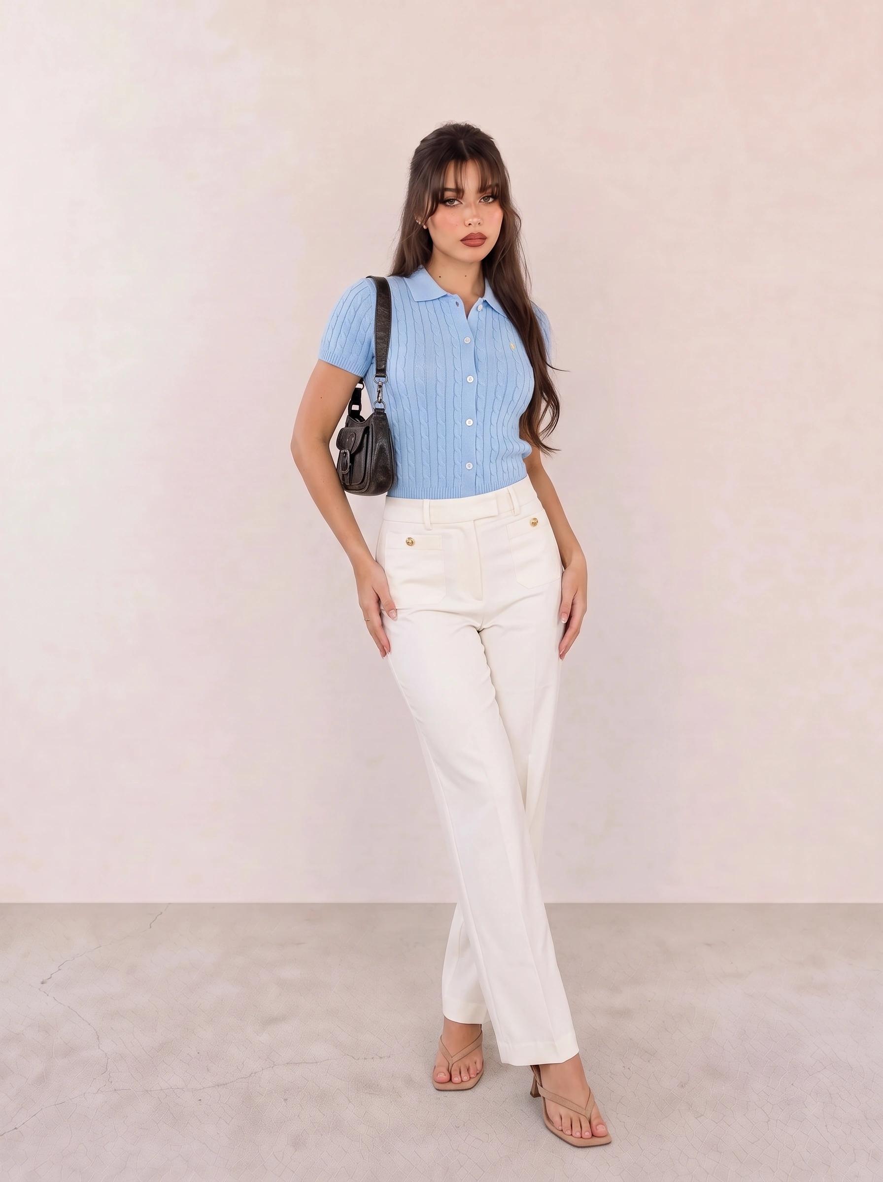 Light Blue Short-Sleeve Knit Cardigan & White Wide-Leg Trousers