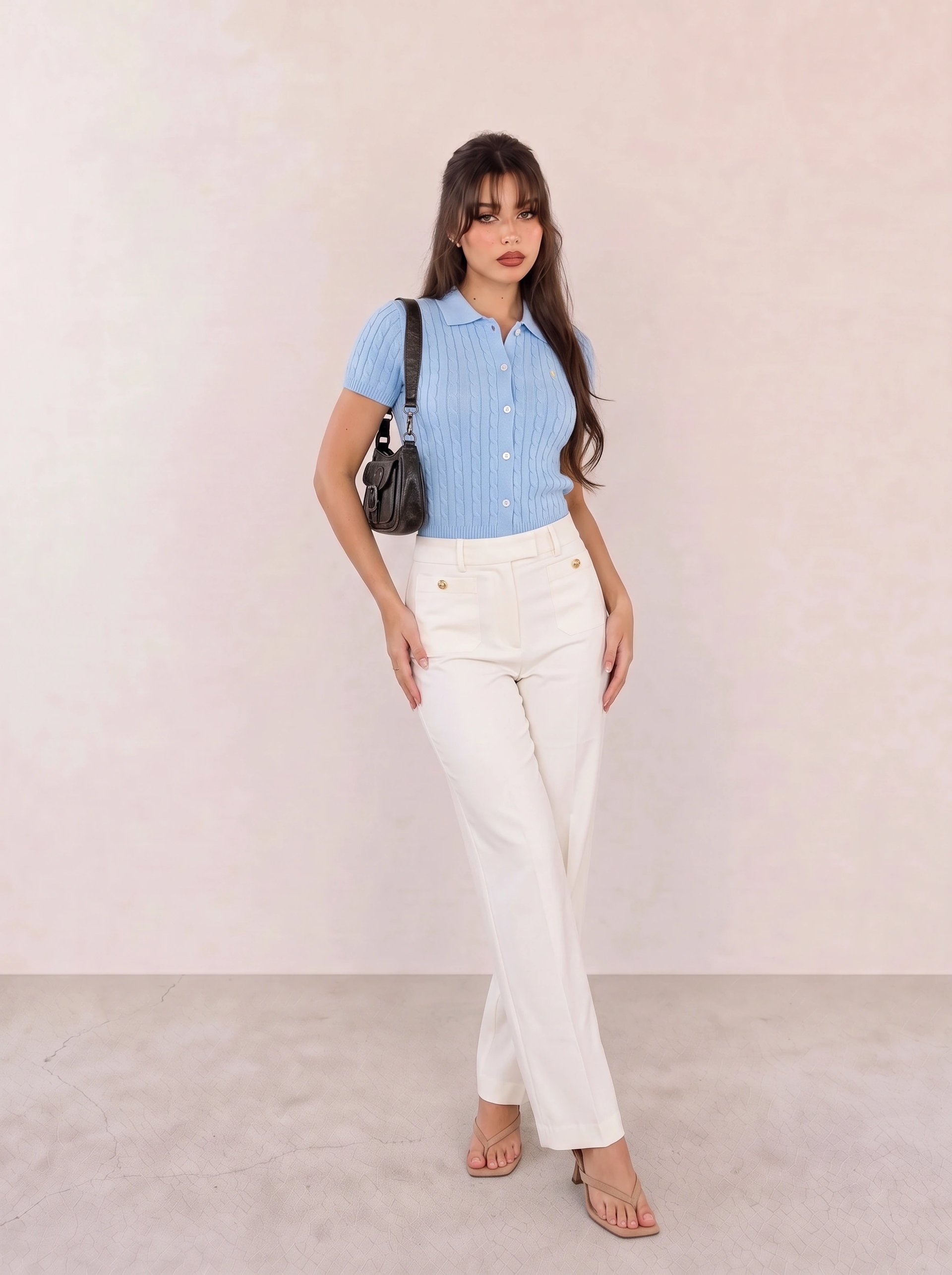 Light Blue Short-Sleeve Knit Cardigan & White Wide-Leg Trousers