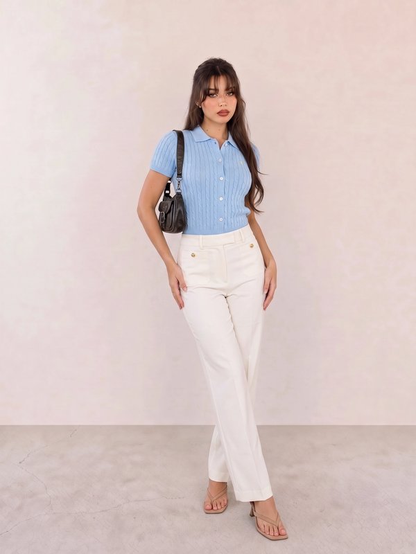 Light Blue Short-Sleeve Knit Cardigan & White Wide-Leg Trousers