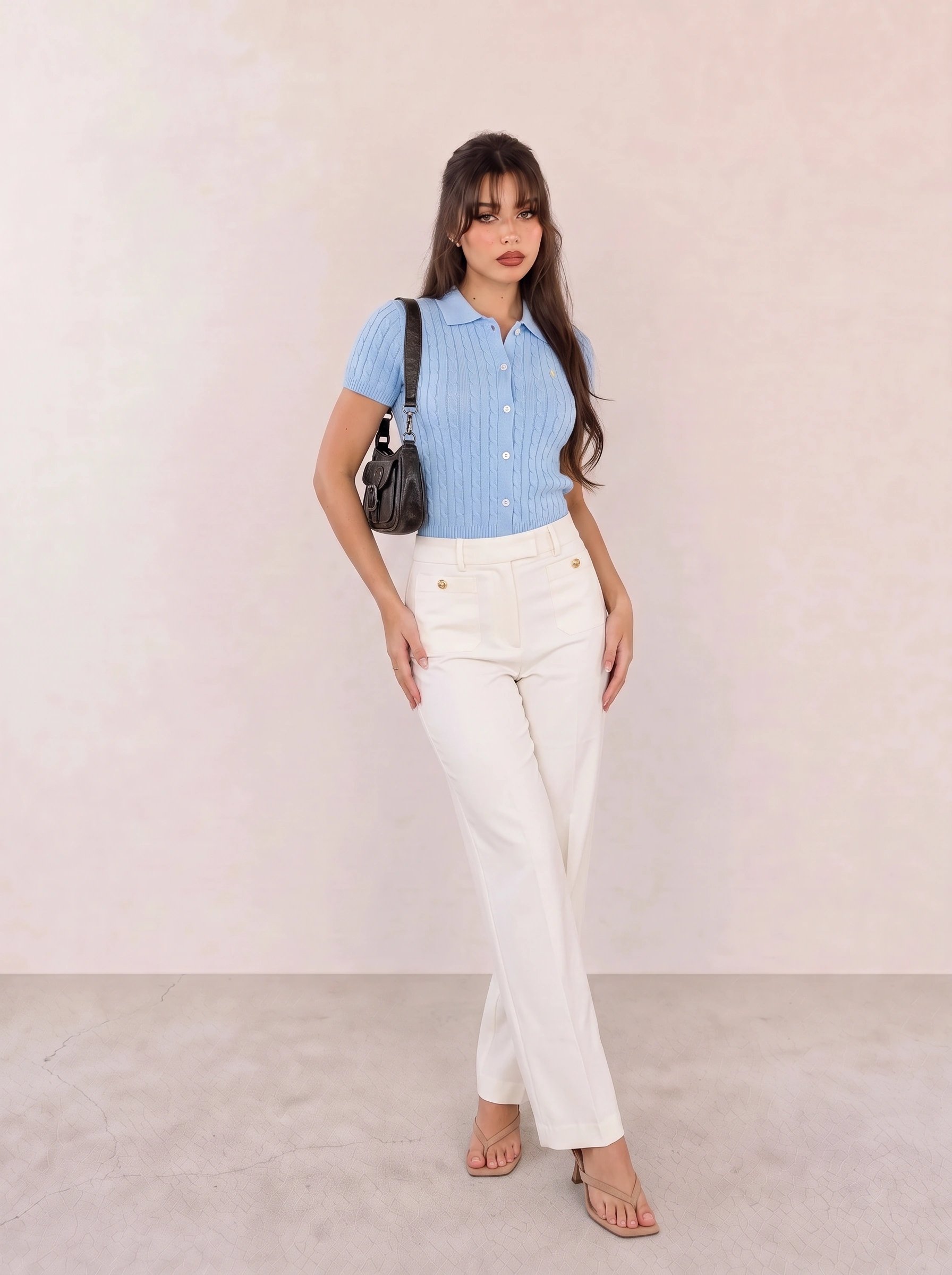 Light Blue Short-Sleeve Knit Cardigan & White Wide-Leg Trousers