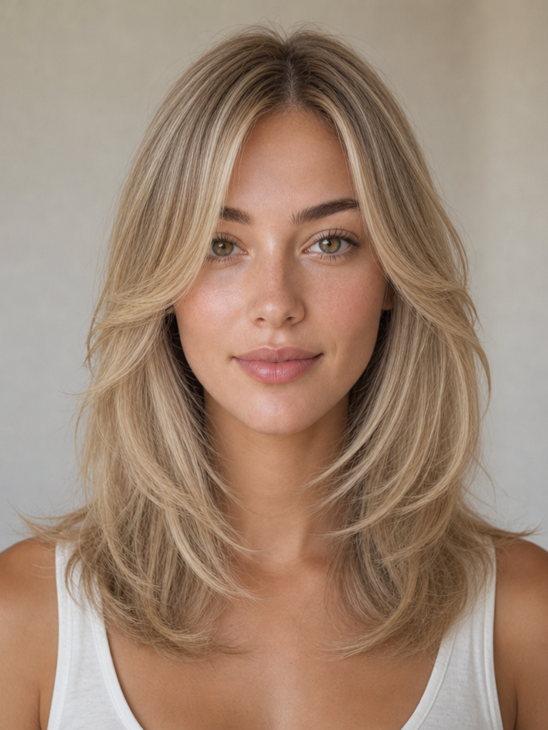 Front view of long layered waves styled for a heart-shaped face