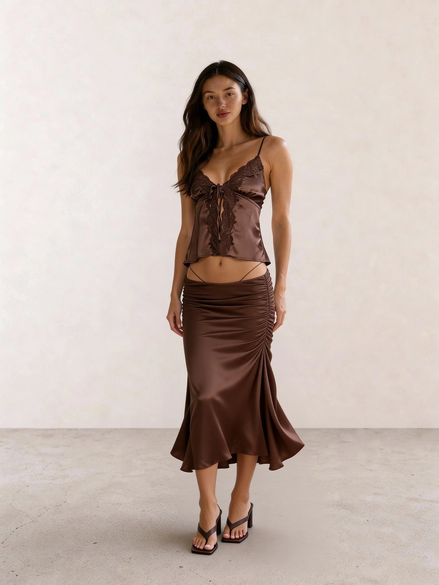 Retro vintage all-brown outfit with dark brown satin cami, ruched midi skirt, and block heel mules