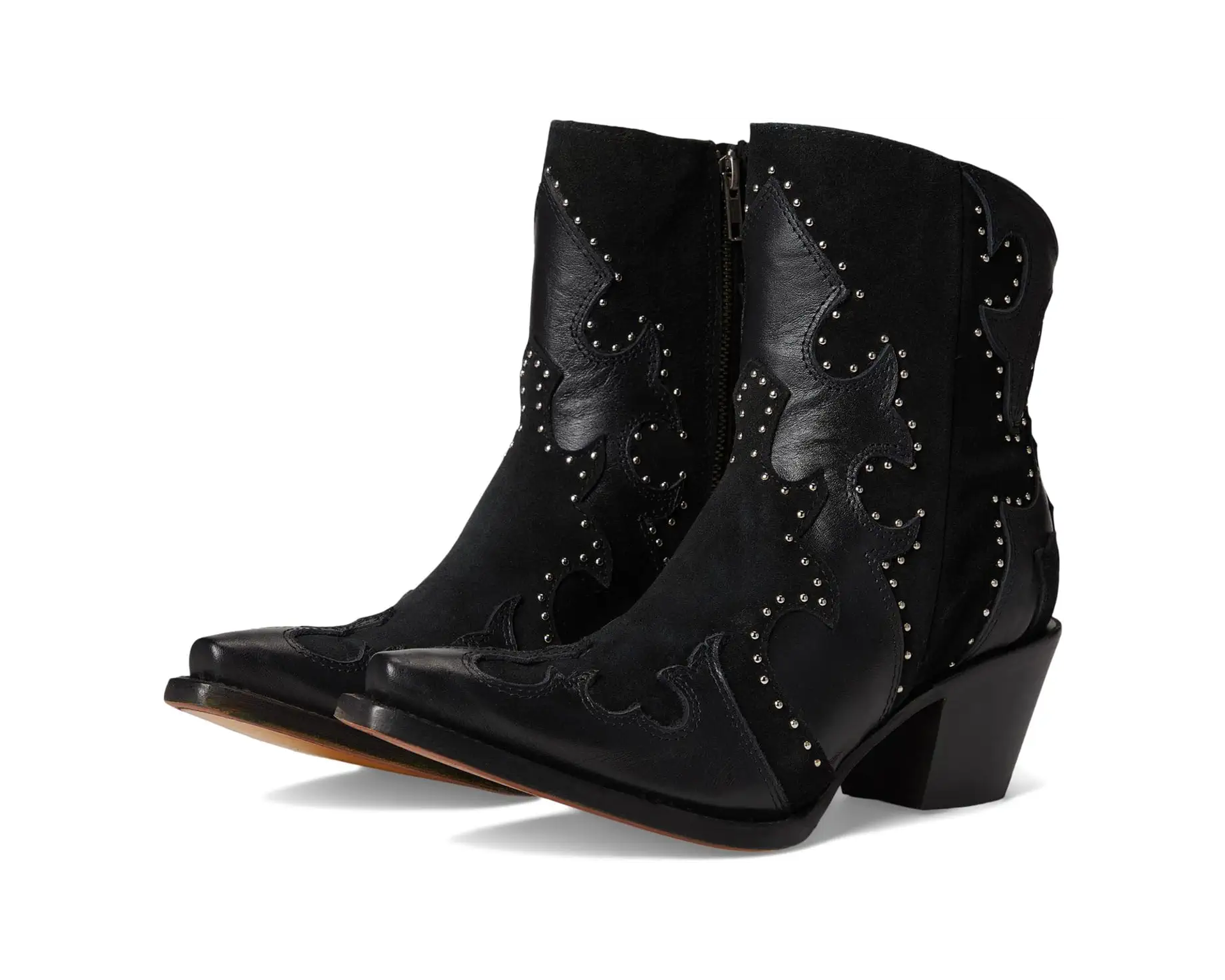 Black studded western ankle boots styled with an olive waistcoat top and denim mini skirt