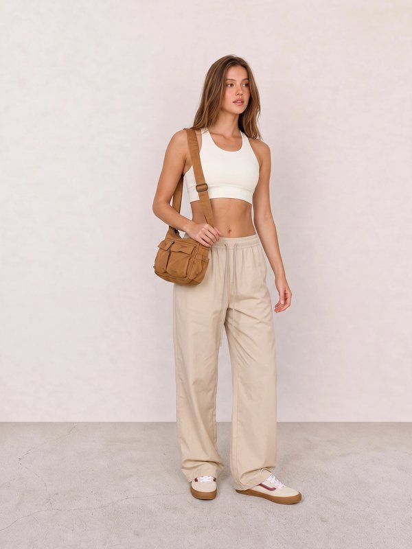 White Sports Bra and Beige Track Pants Outfit