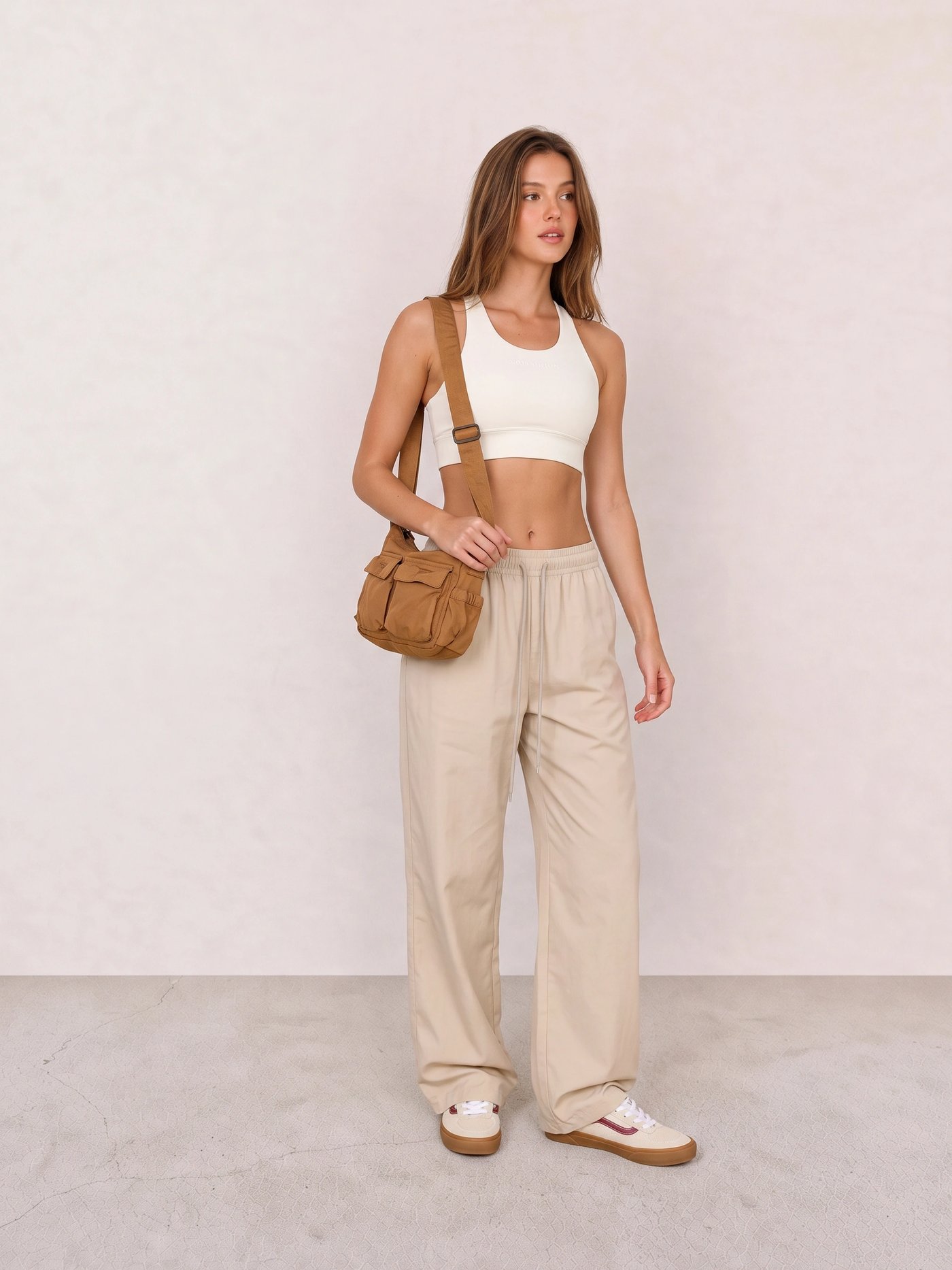 White Sports Bra and Beige Track Pants Outfit