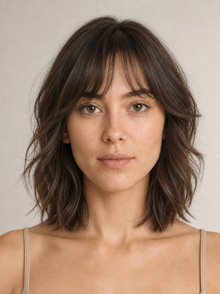 Front view of a woman with a choppy shag haircut and wispy bangs, a hairstyle suited to diamond face shapes