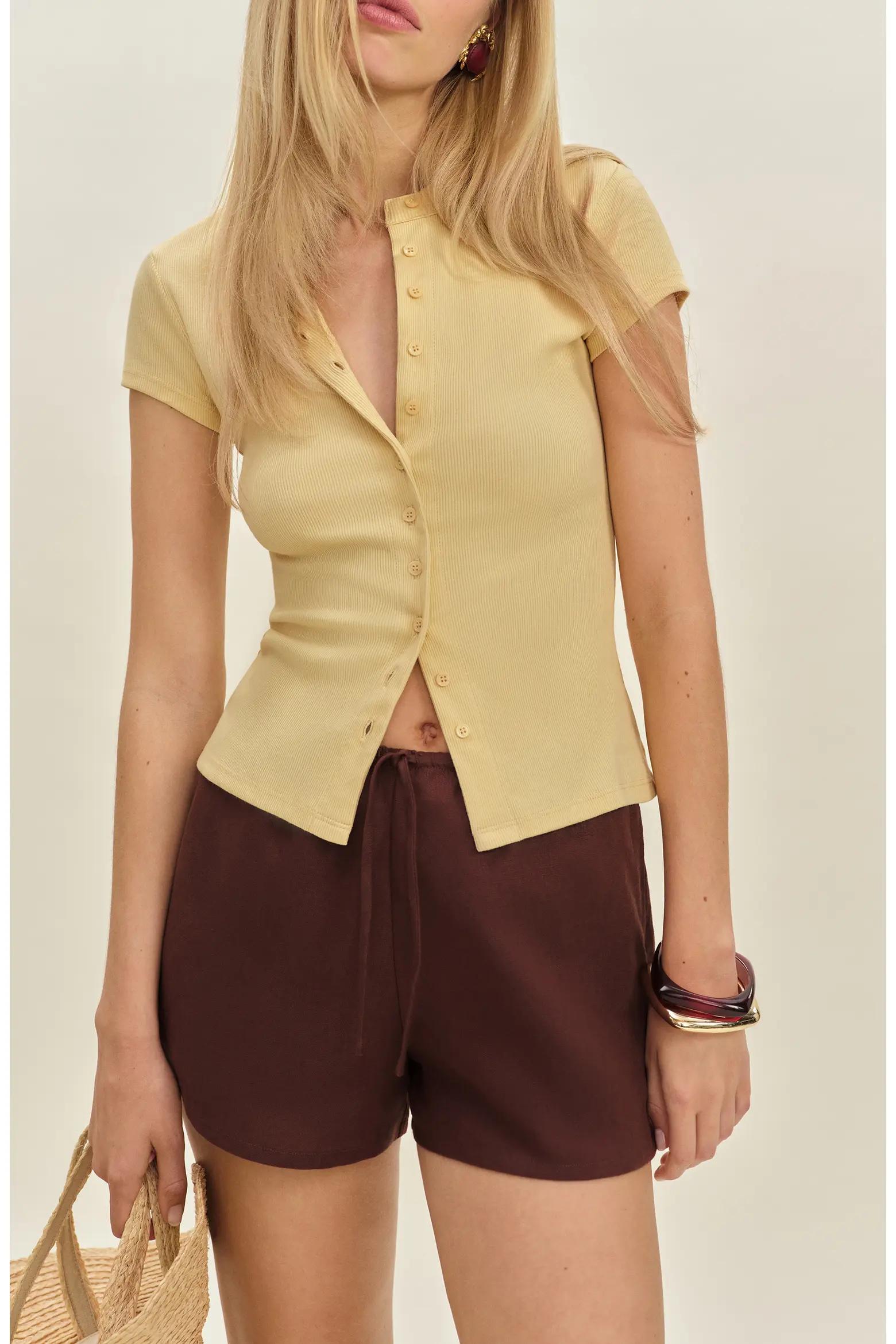 Pale Yellow Button-Up Crop Top