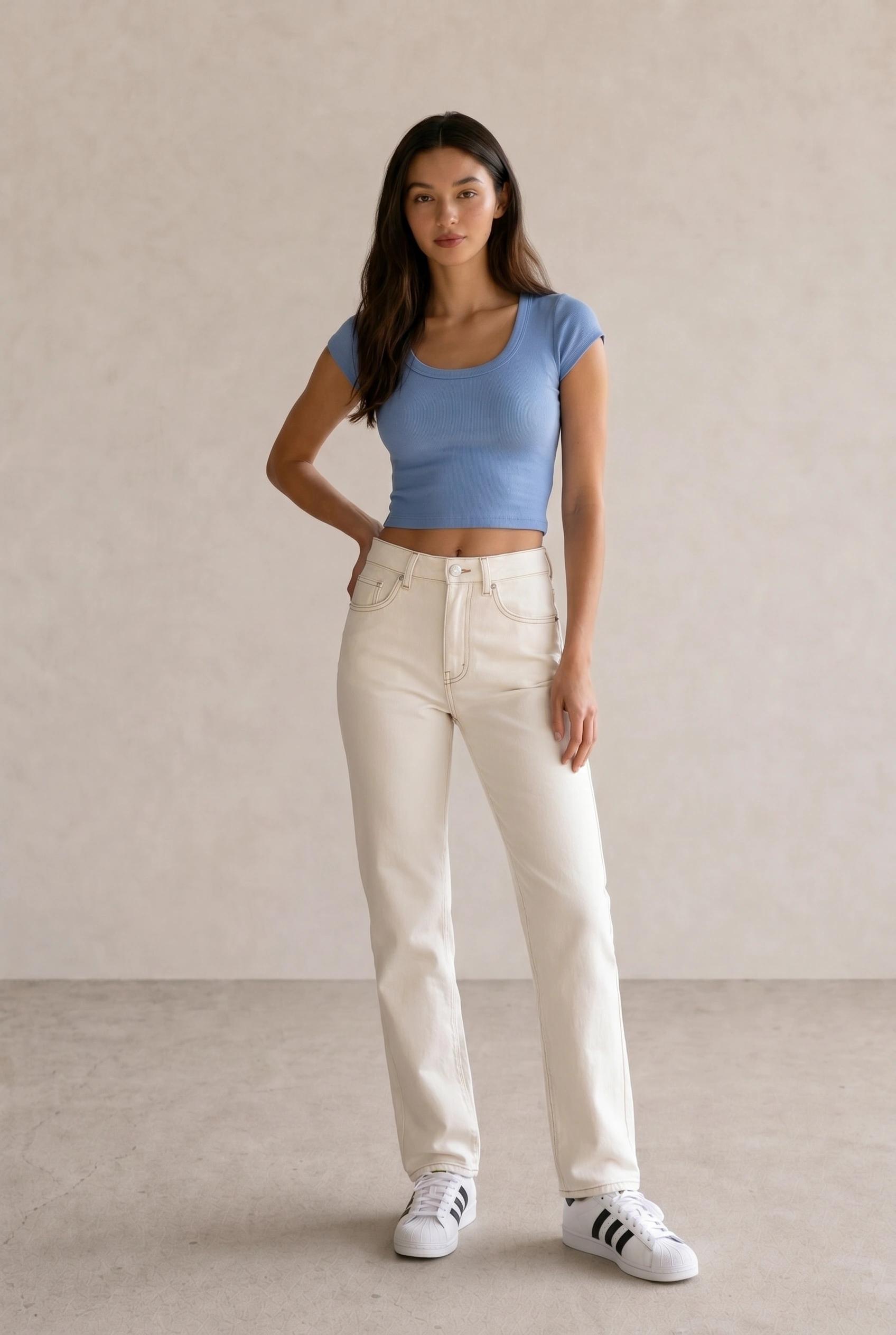 Blue Scoop Crop Tee & Cream Straight Jeans