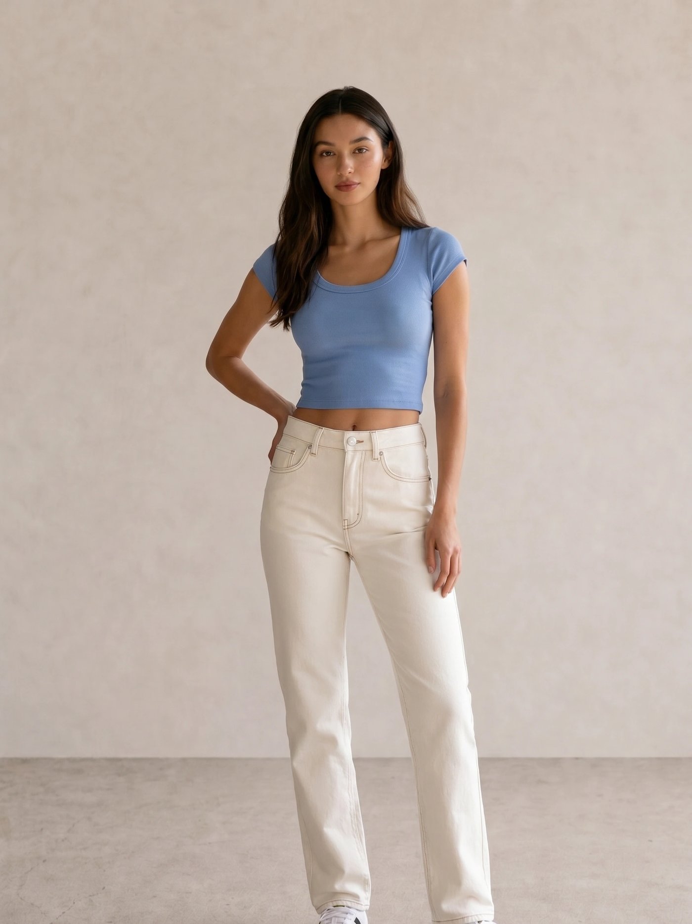 Blue Scoop Crop Tee & Cream Straight Jeans