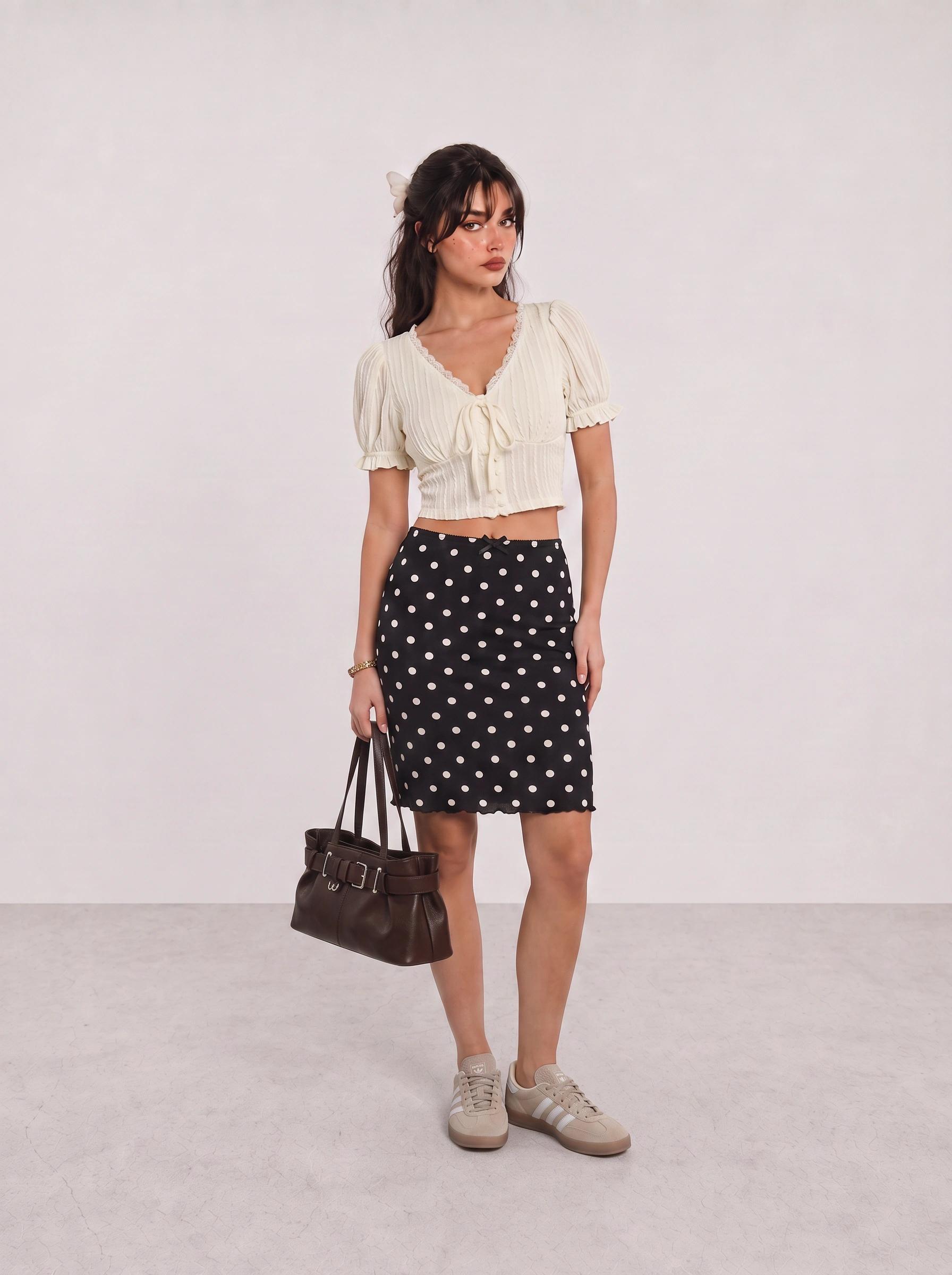 Cream Puff-Sleeve Top and Polka Dot Skirt Outfit