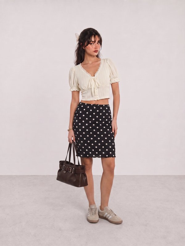 Cream Puff-Sleeve Top and Polka Dot Skirt Outfit