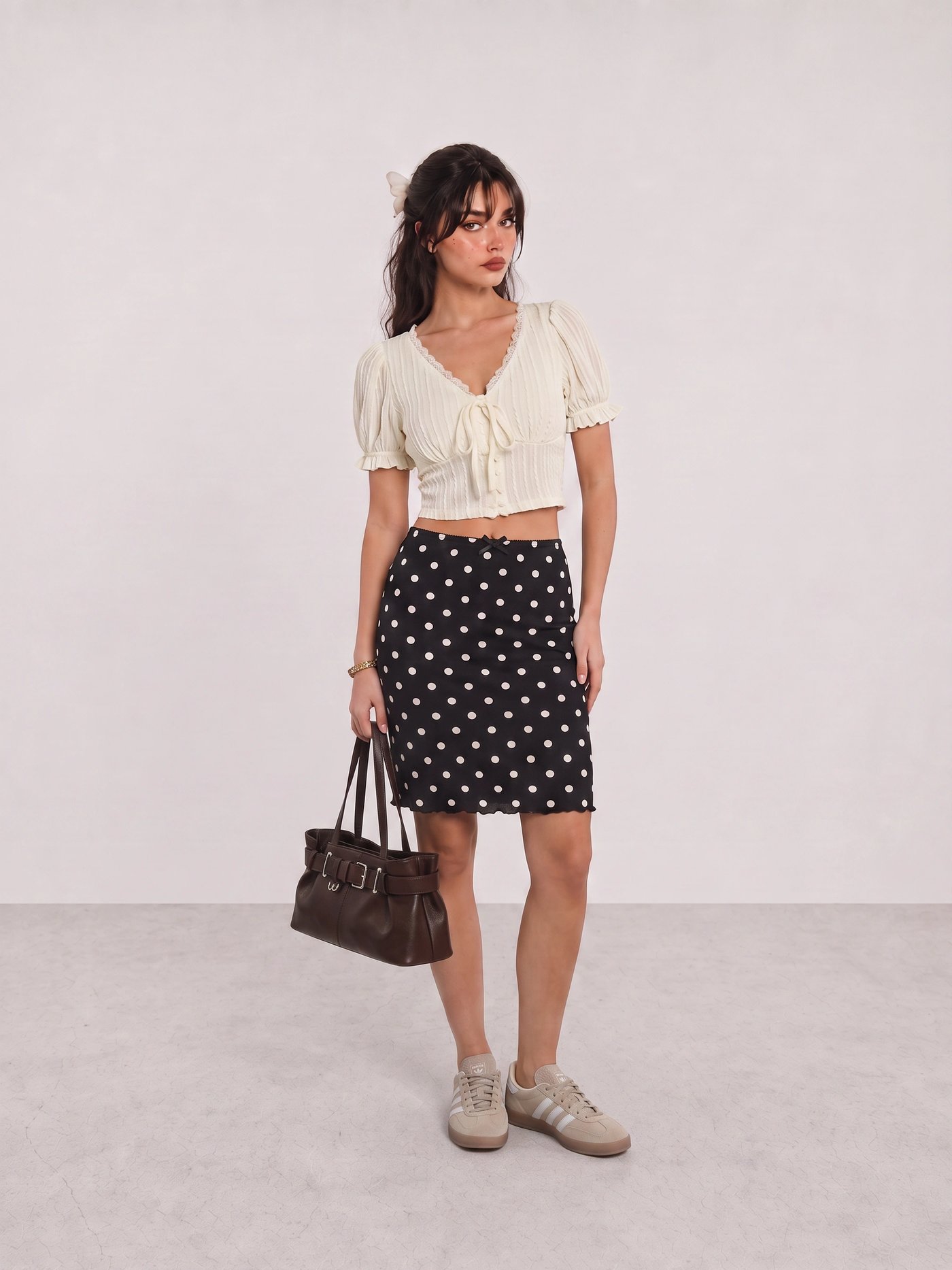 Cream Puff-Sleeve Top and Polka Dot Skirt Outfit