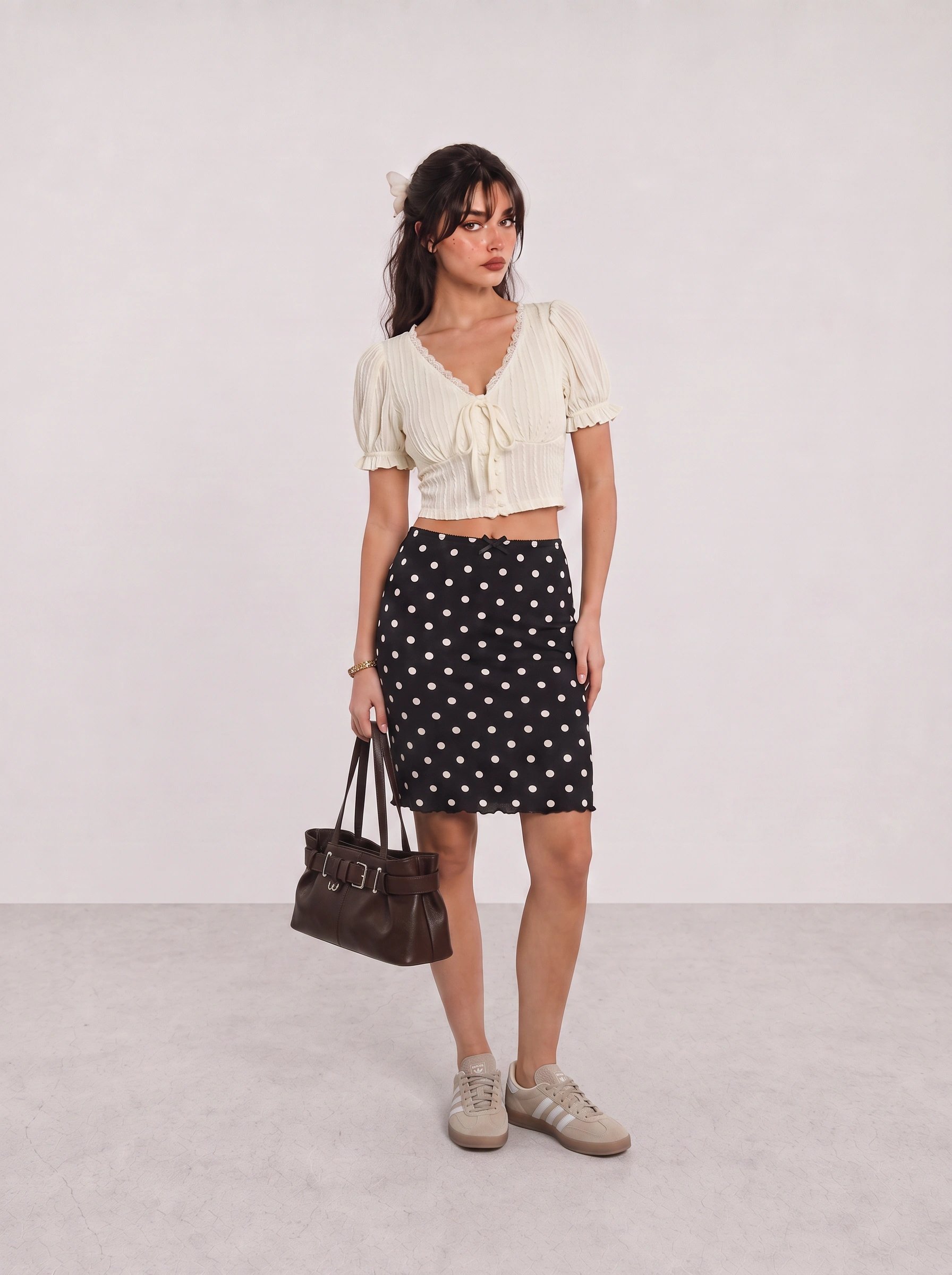 Cream Puff-Sleeve Top and Polka Dot Skirt Outfit