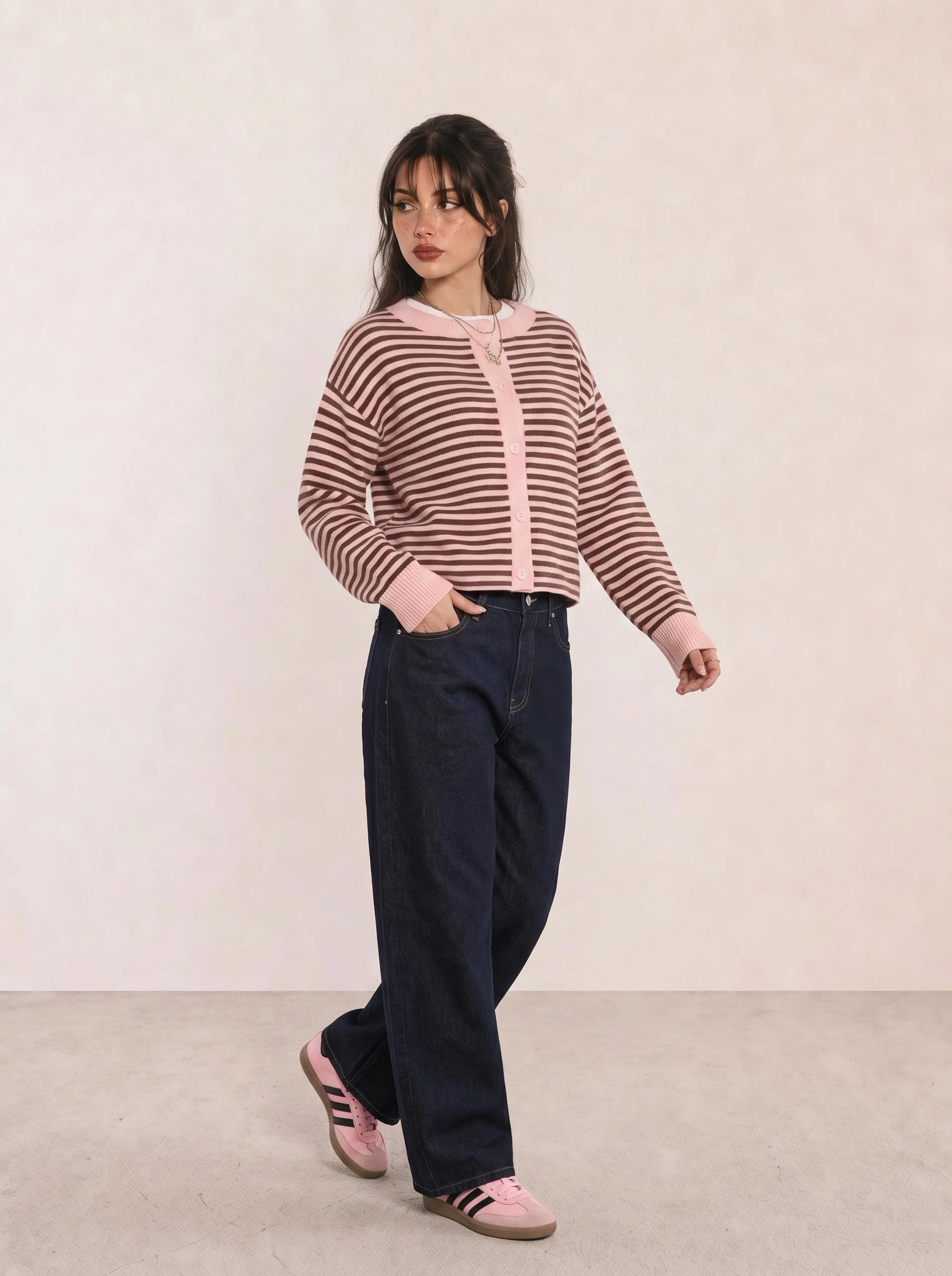 Striped Cardigan & Dark Indigo Wide-Leg Jeans