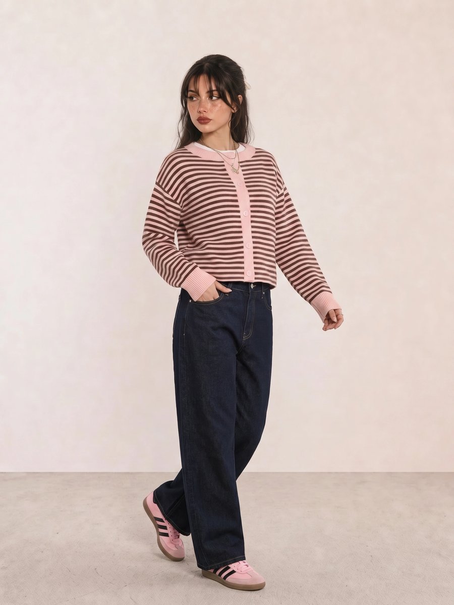 Clean girl outfit with a pink and brown striped cardigan, dark indigo wide-leg jeans, and pink Adidas Samba sneakers