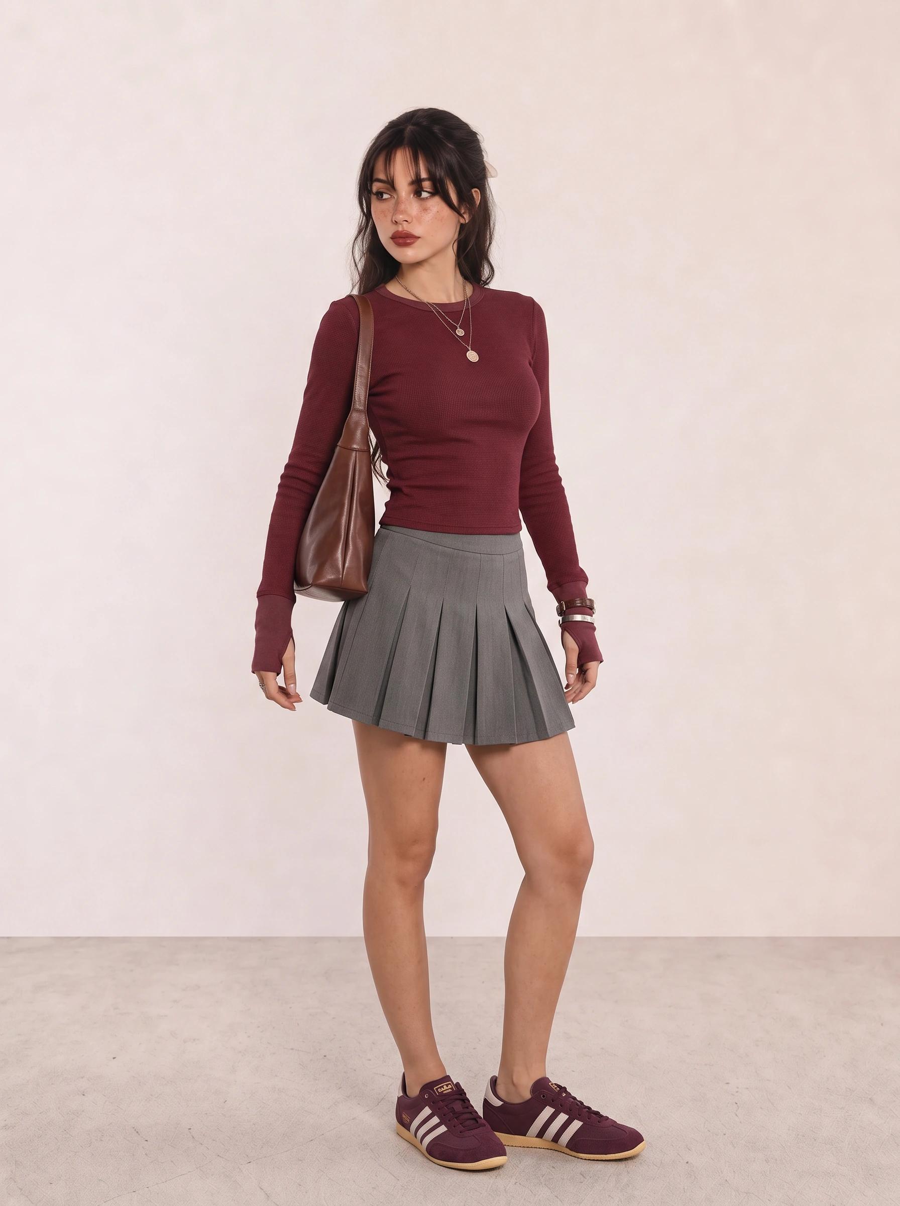 Burgundy Top and Grey Pleated Skirt Campus Outfit