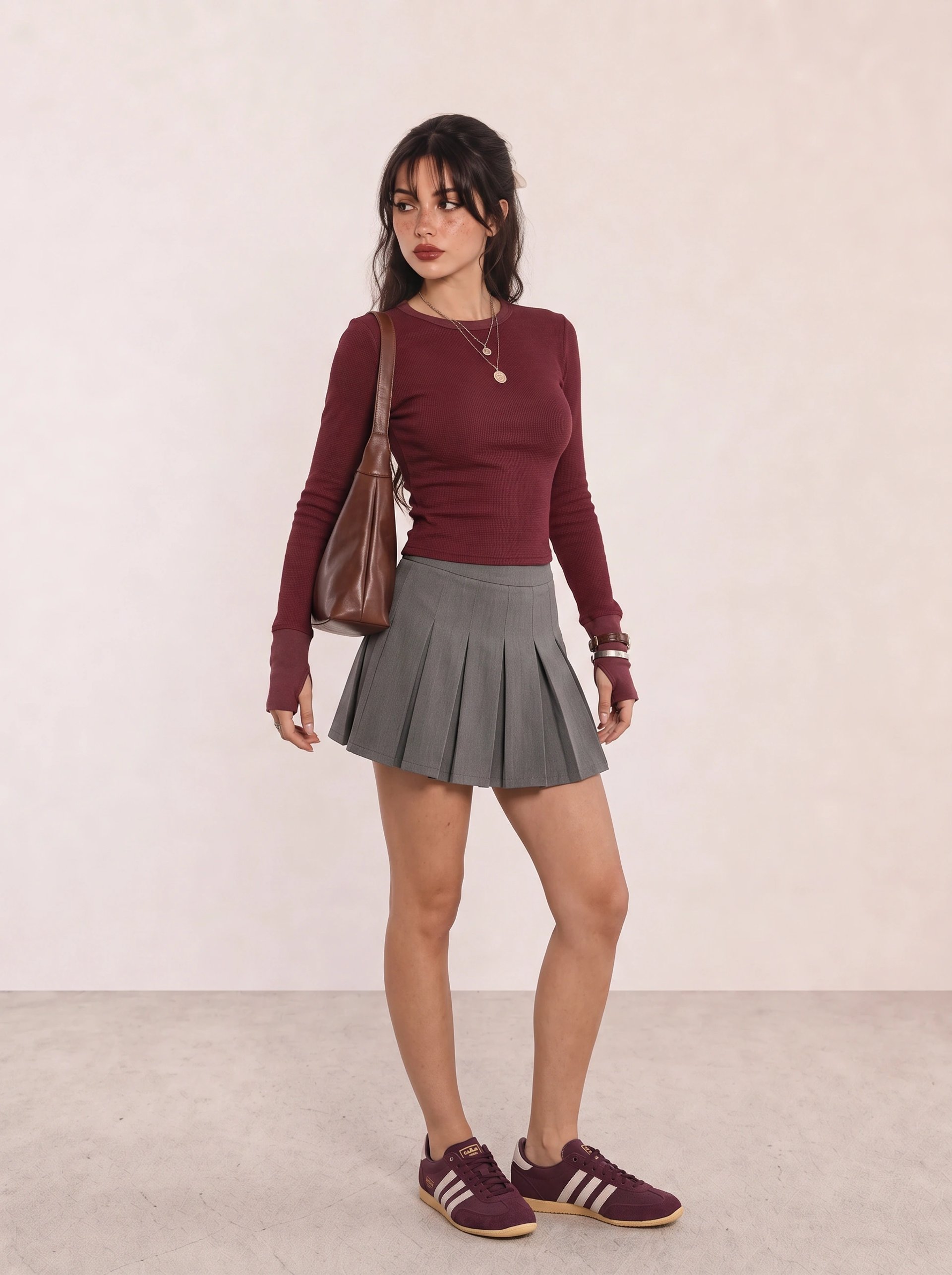 Burgundy Top and Grey Pleated Skirt Campus Outfit