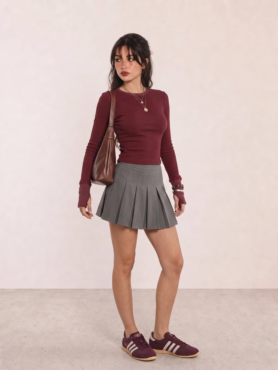 Student wearing a burgundy long-sleeve top, grey pleated skirt, burgundy sneakers, and a brown bag