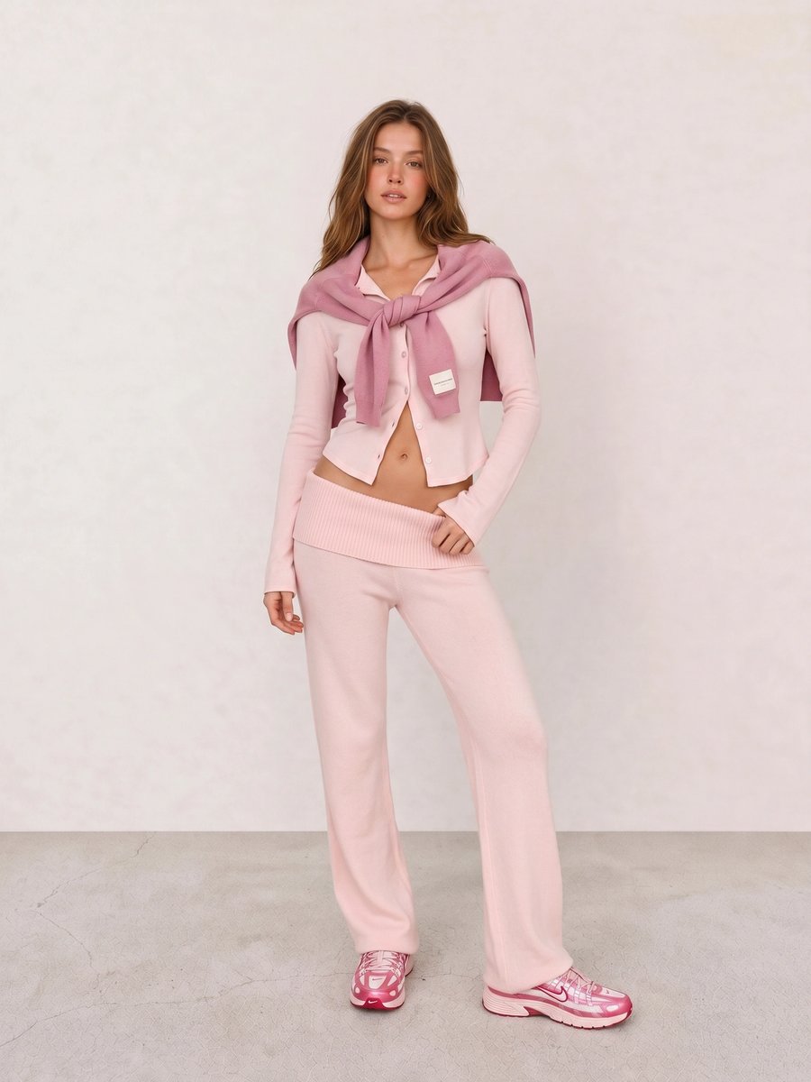 Clean girl outfit with a pink cardigan, knotted mauve wrap, ribbed knit pants, and pink Nike P-6000 sneakers