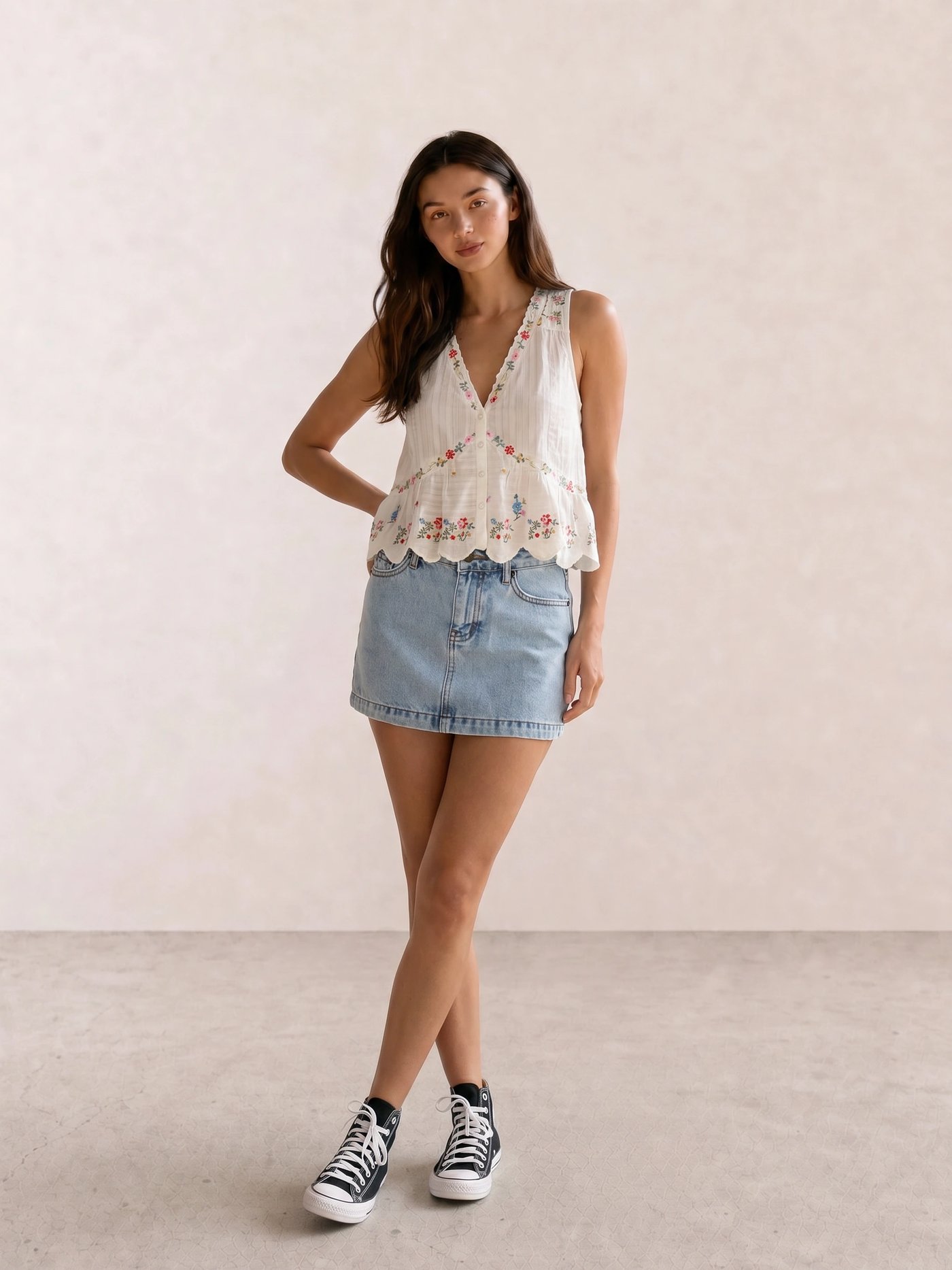 Boho Floral Top & Quilted Denim Shorts