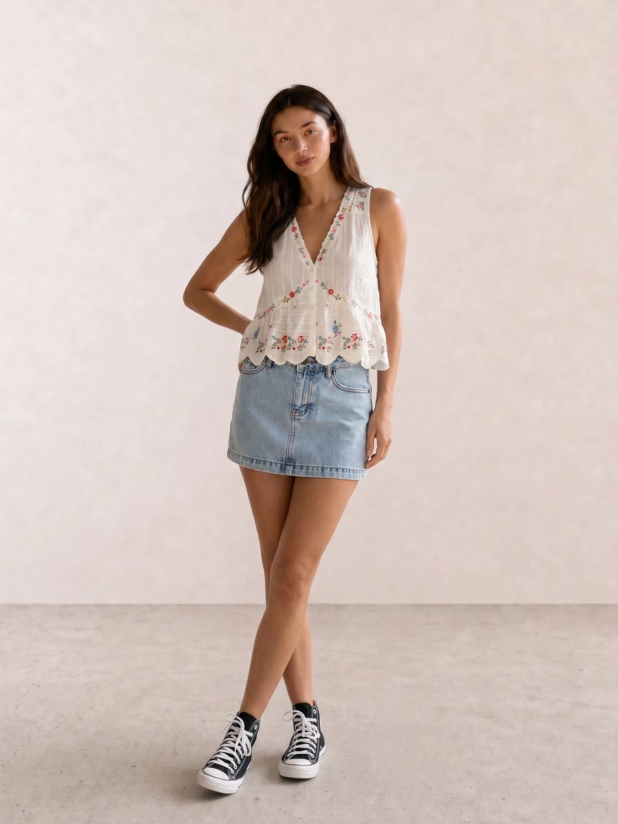 Retro boho outfit with floral embroidered cream top, quilted denim shorts, and black Converse