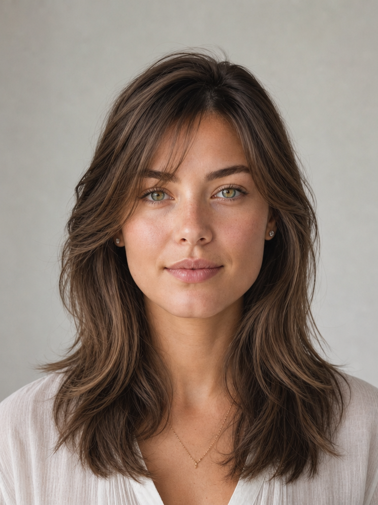 Square face shape hairstyle — Long Layers with Fringe, front view