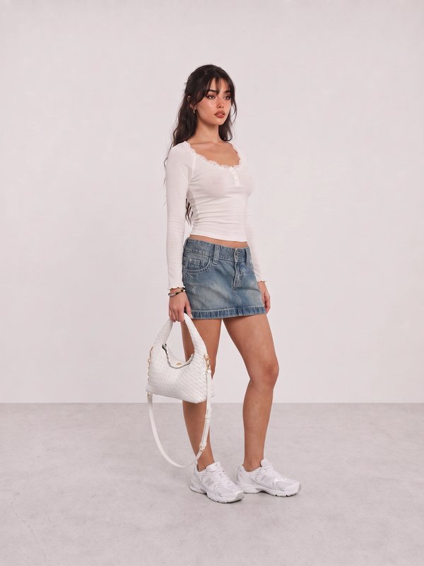 White Lace Top and Denim Mini Skirt Y2K Outfit