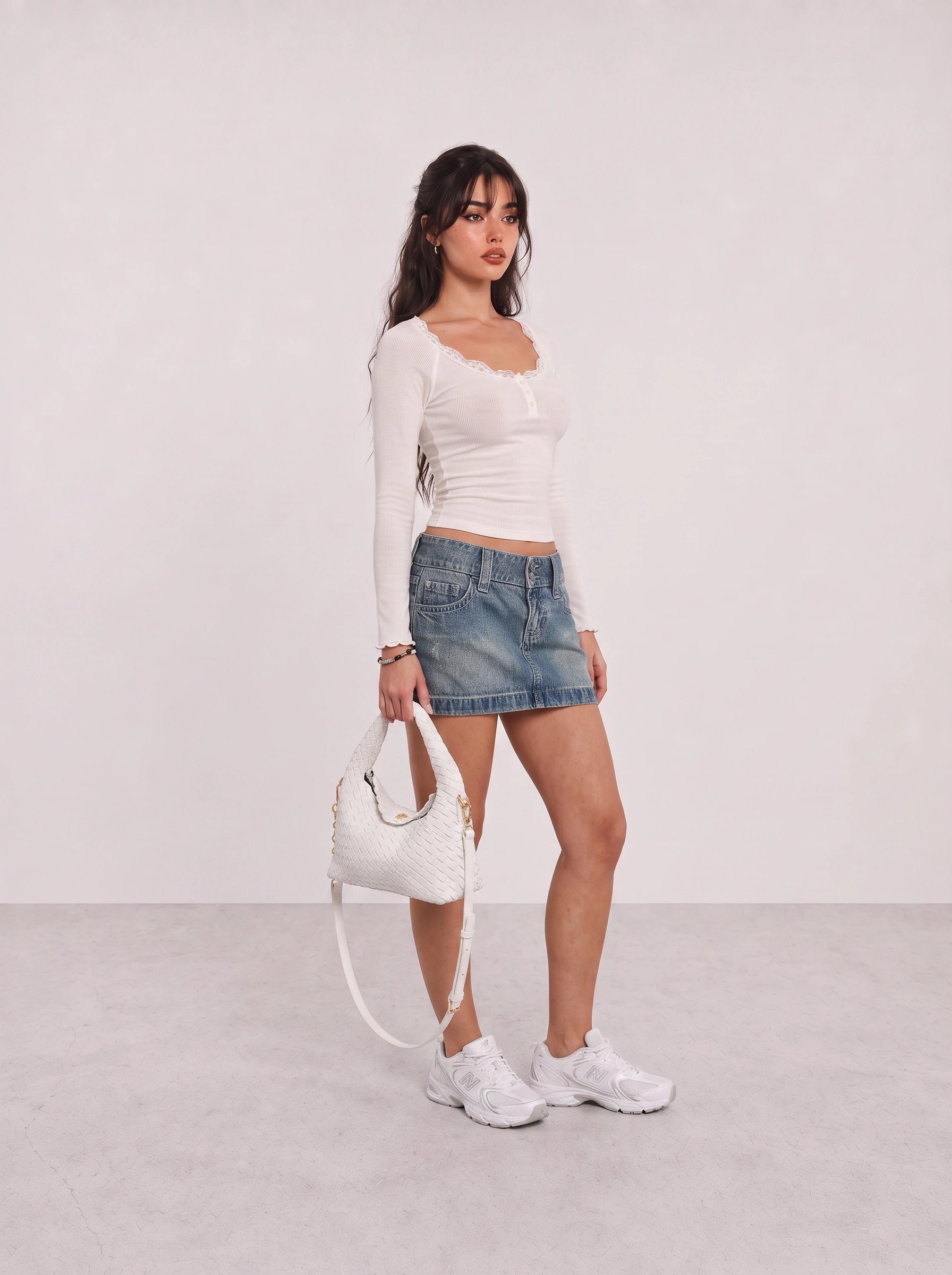 White Lace Top and Denim Mini Skirt Y2K Outfit