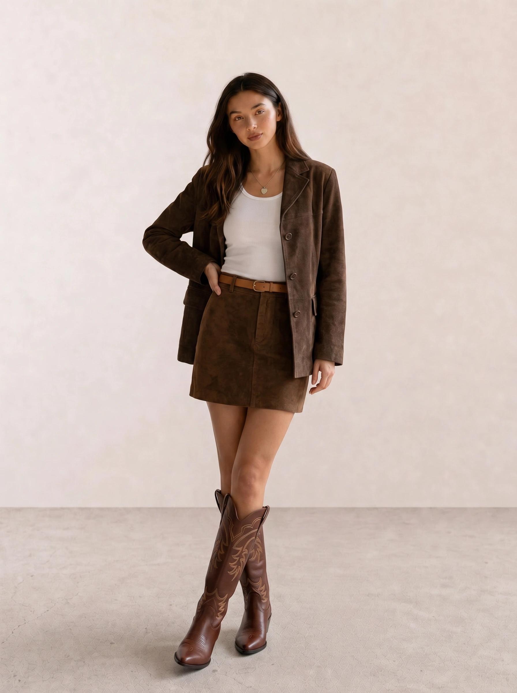 Suede Blazer & White Tank with Brown Mini Skirt