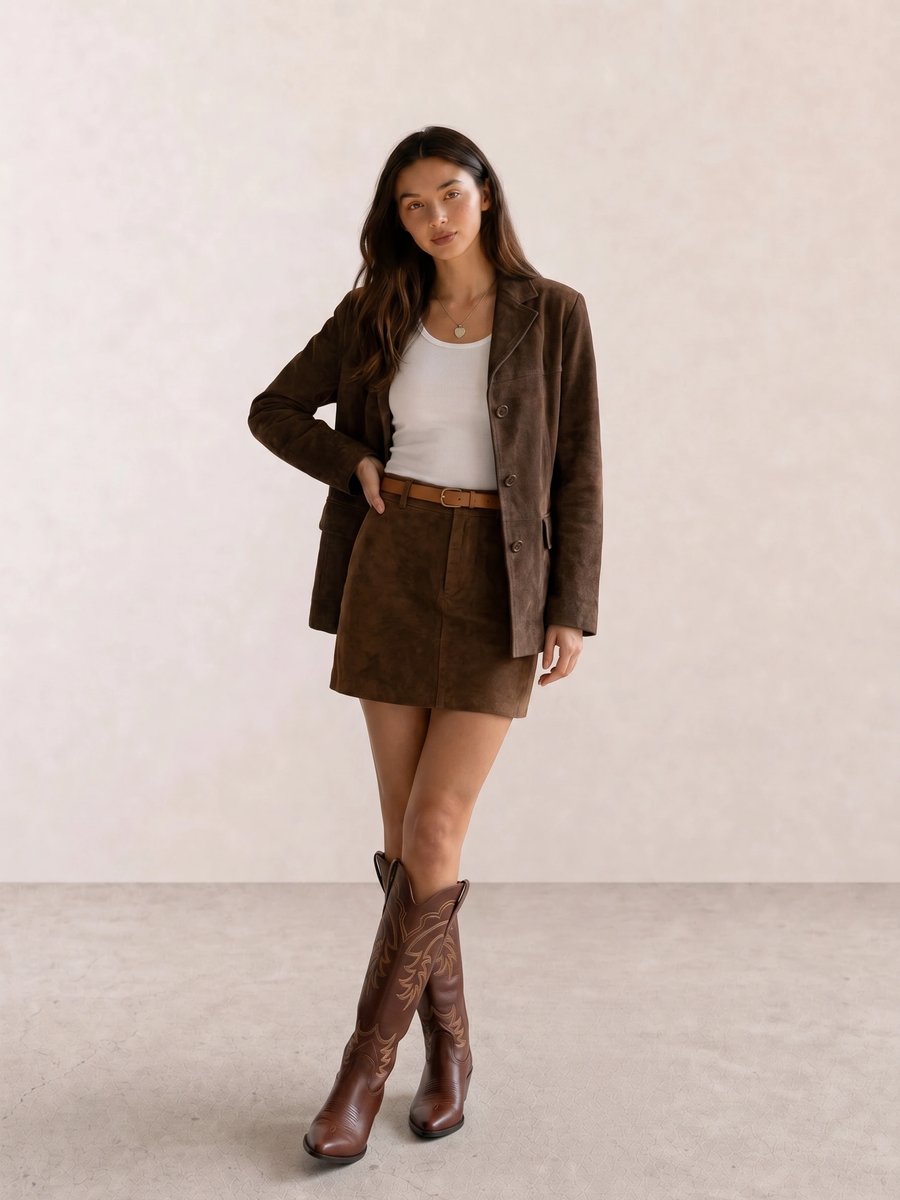 Autumn western outfit with a brown suede blazer, white tank, brown mini skirt, and embroidered cowboy boots