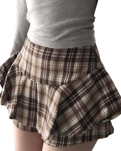Brown Plaid Ruffle Mini Skirt