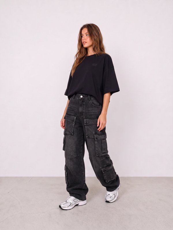 Black Oversized Tee and Cargo Jeans Outfit