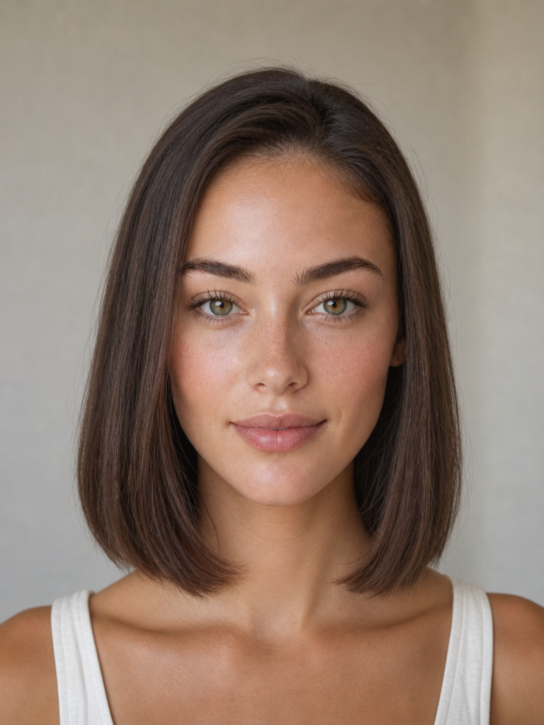 Front view of a classic blunt bob styled for a heart-shaped face