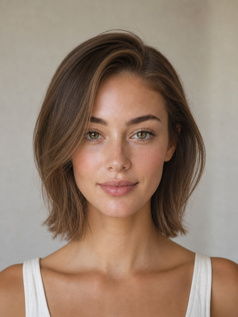 Front view of a side-part lob haircut styled for a heart-shaped face