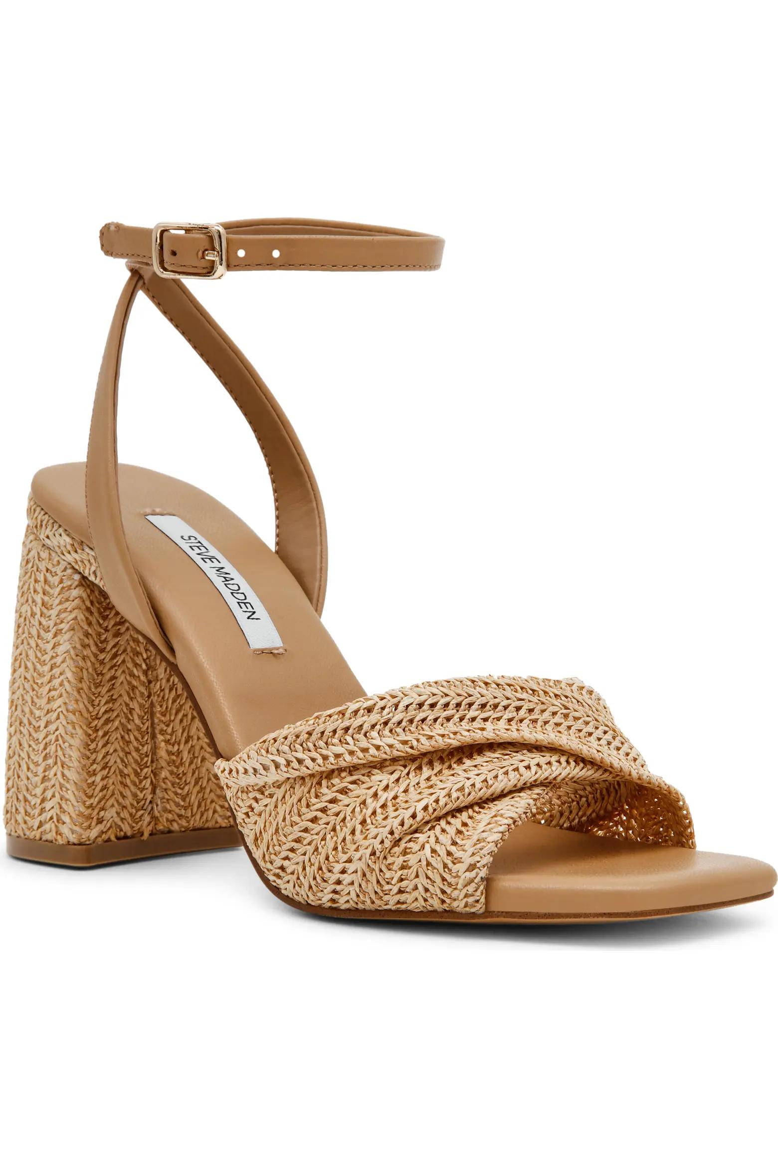 Tan Woven Block-Heel Sandals
