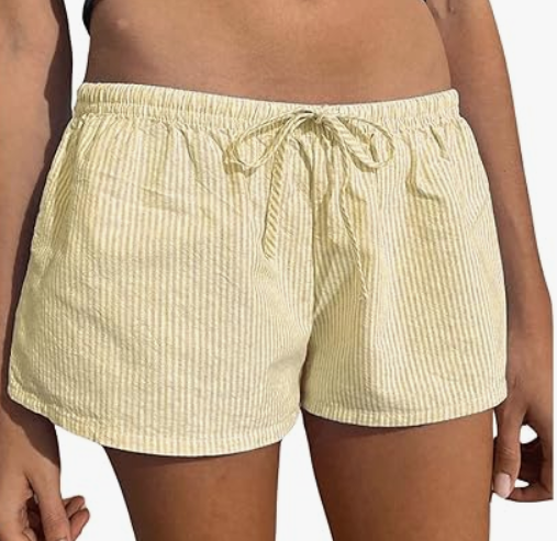 Pale Yellow Striped Drawstring Shorts
