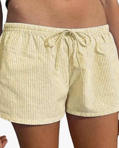 Pale Yellow Striped Drawstring Shorts