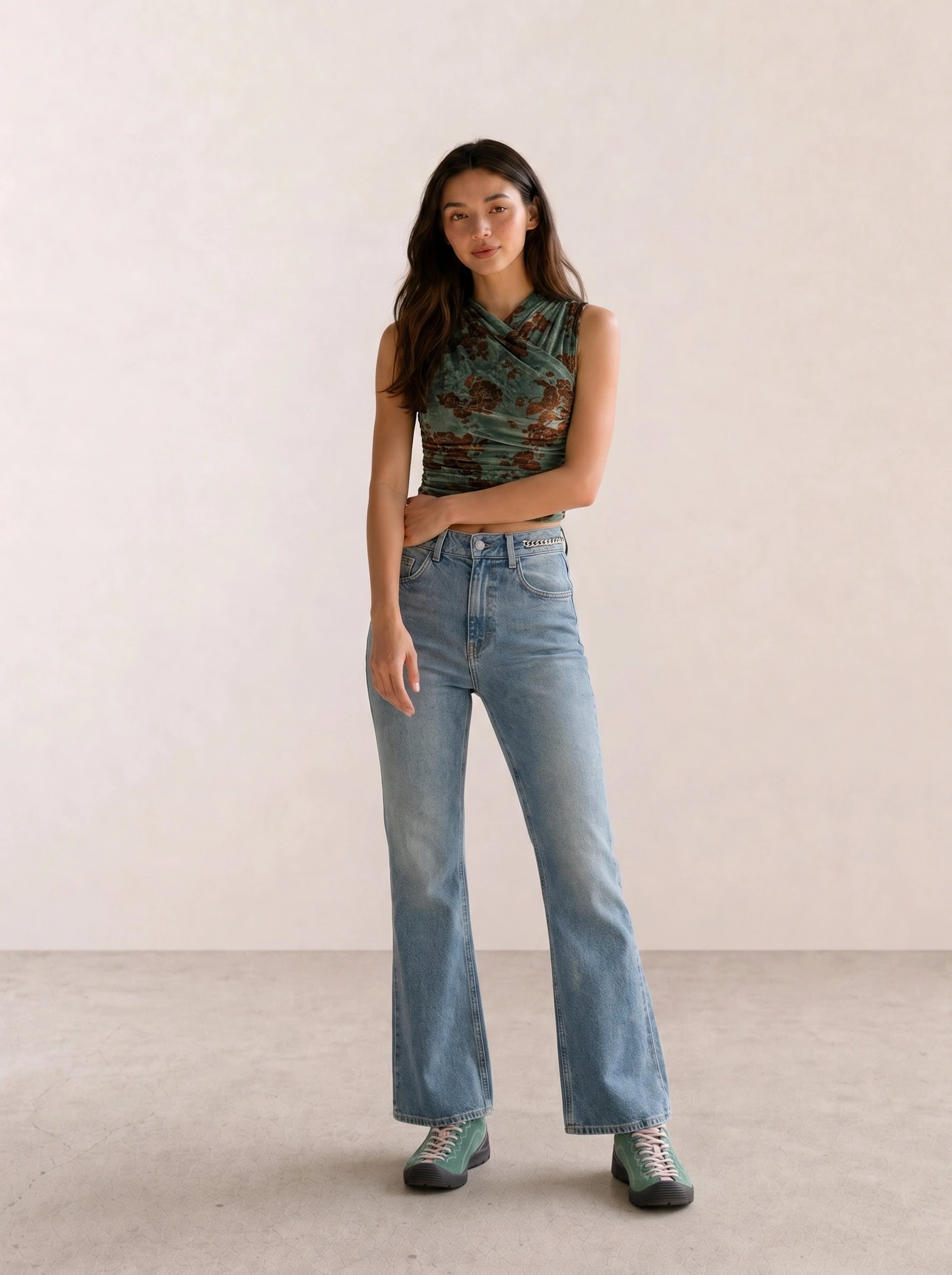 Green Velvet Wrap Top & Flare Jeans