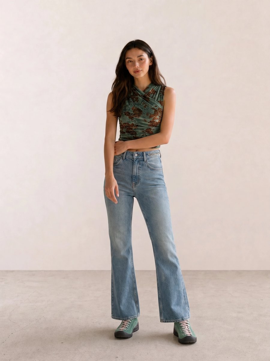 Retro vintage outfit with green velvet wrap top, crystal waistband flare jeans, and teal sneakers