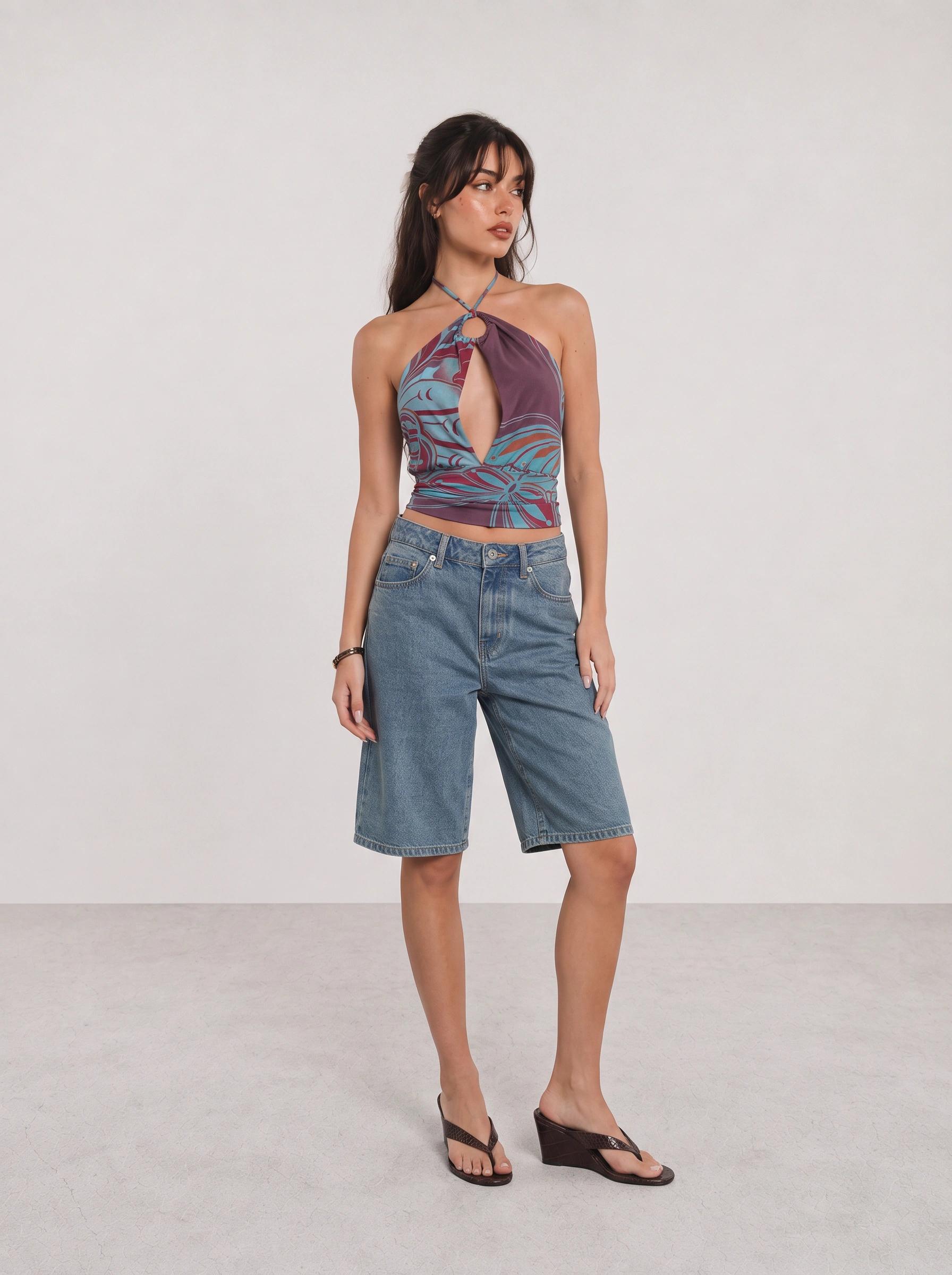 Purple Halter Top and Denim Bermuda Shorts Outfit