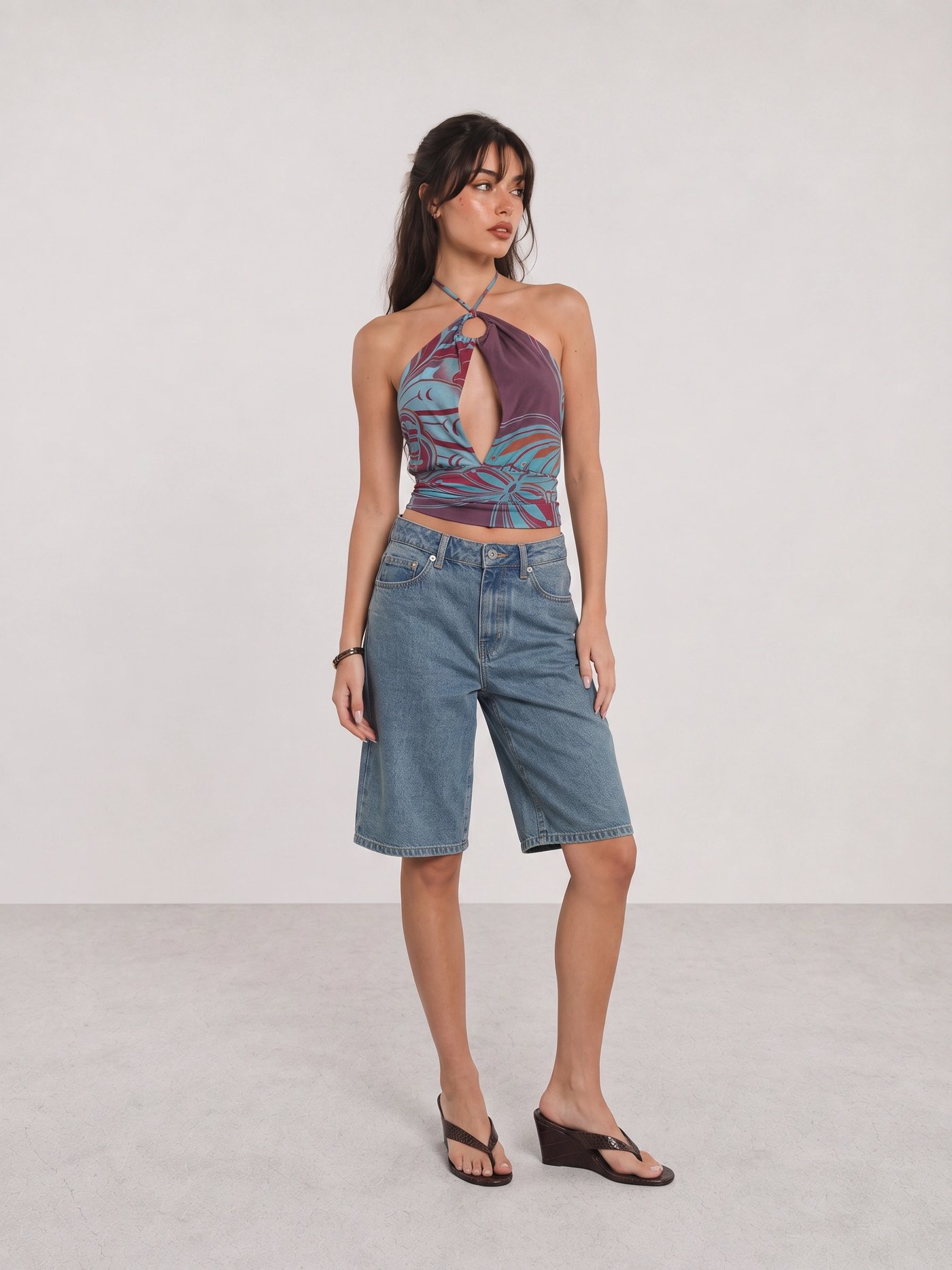 Purple Halter Top and Denim Bermuda Shorts Outfit