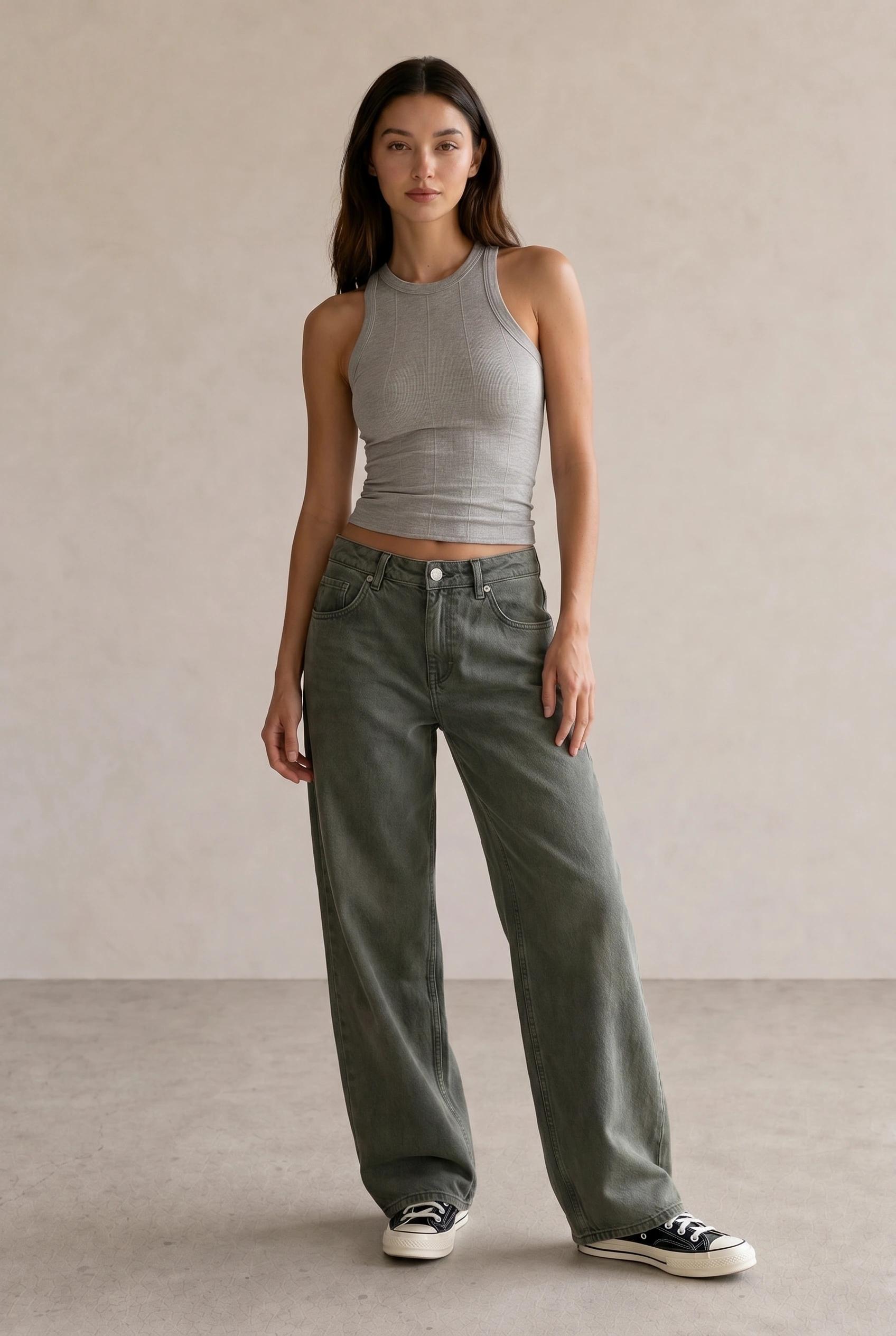 Grey Ribbed Tank & Olive Baggy Jeans