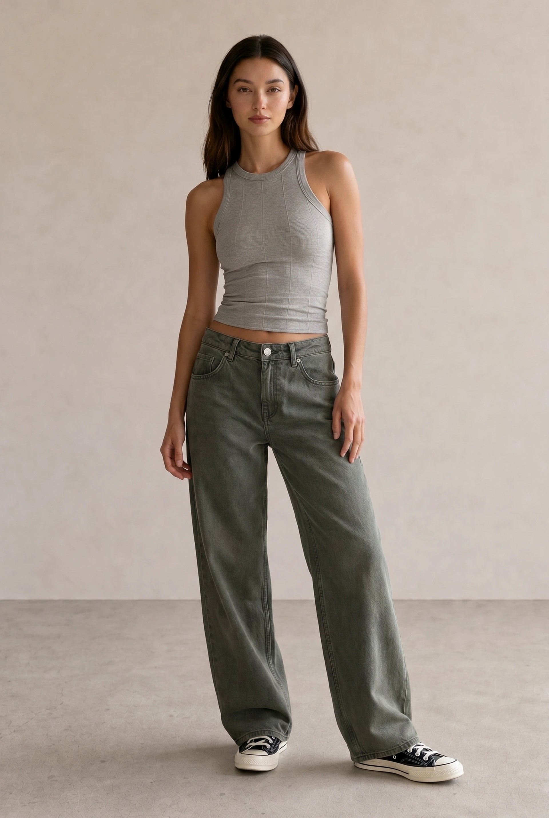 Grey Ribbed Tank & Olive Baggy Jeans