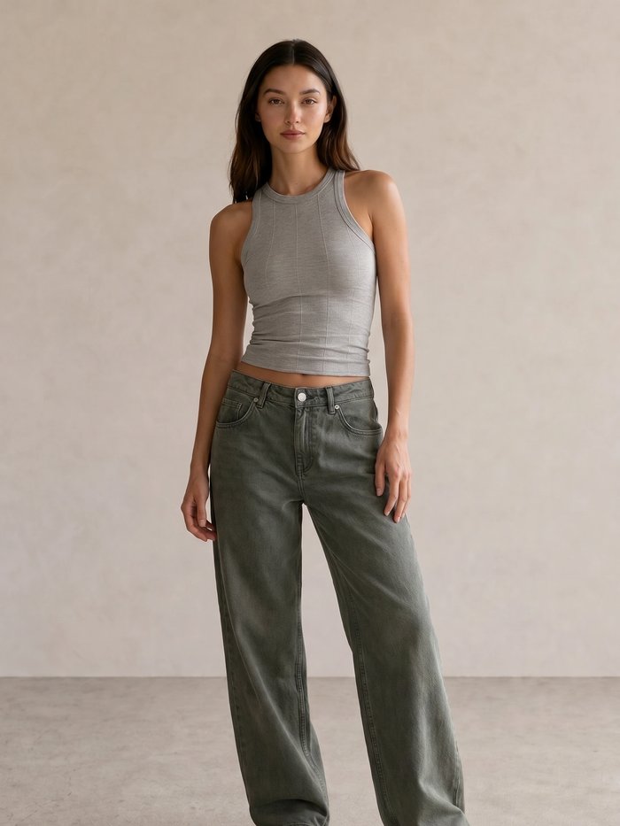 Grey Ribbed Tank & Olive Baggy Jeans