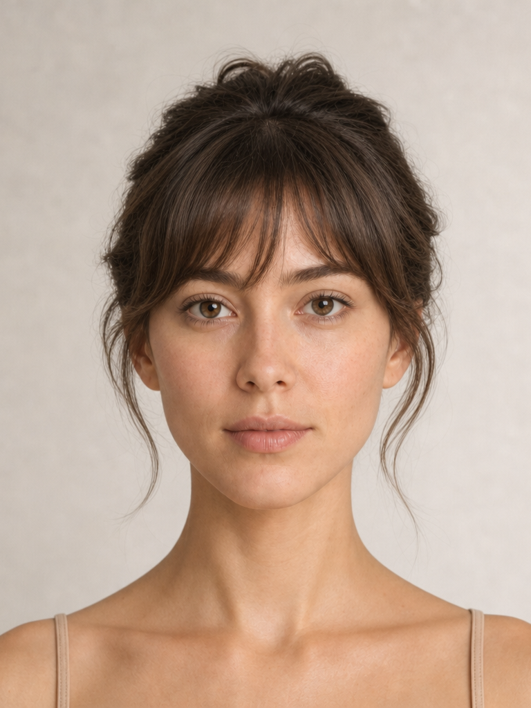 Front view of a woman with blunt bangs and a sleek top knot, a hairstyle suited to diamond face shapes