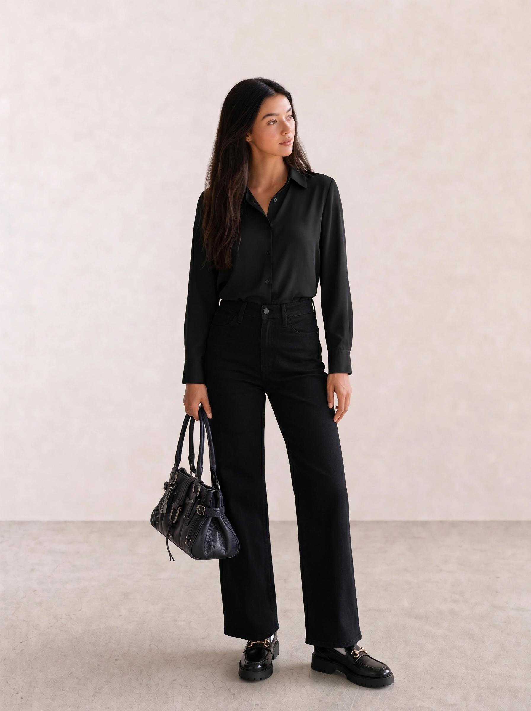 Satin Shirt & Wide-Leg Jeans with Chunky Loafers
